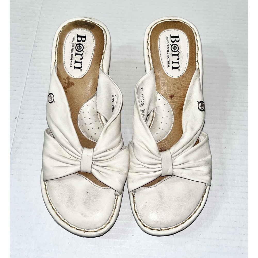 Born Espadrille Wedge Sandals Women's 7 Cream‎ Leather Bow Preppy Yacht W0563